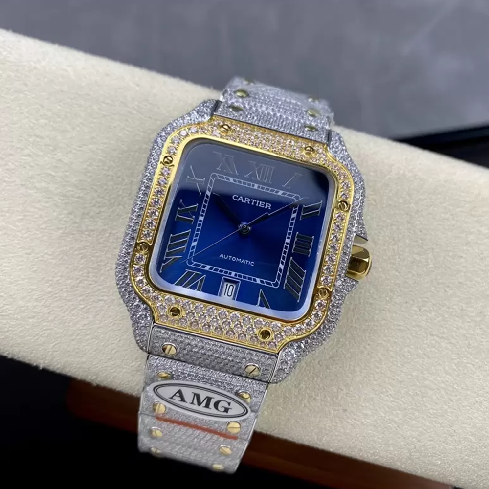 AMG공장 까르띠에 산토스 청판 다이얼 옐로우 골드 콤비 파베 세팅