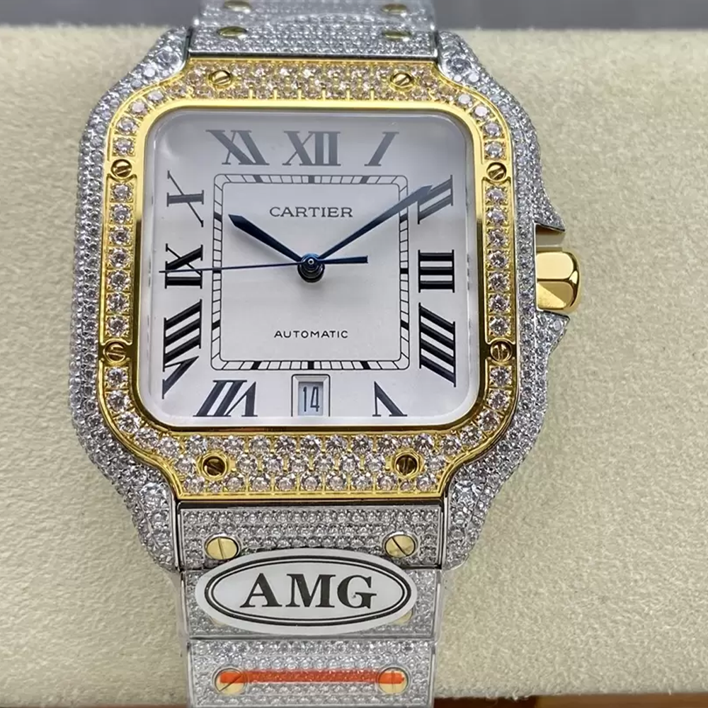 AMG공장 까르띠에 산토스 화이트 다이얼 옐로우 골드 콤비 파베 세팅