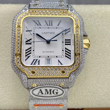 AMG공장 까르띠에 산토스 화이트 다이얼 옐로우 골드 콤비 파베 세팅