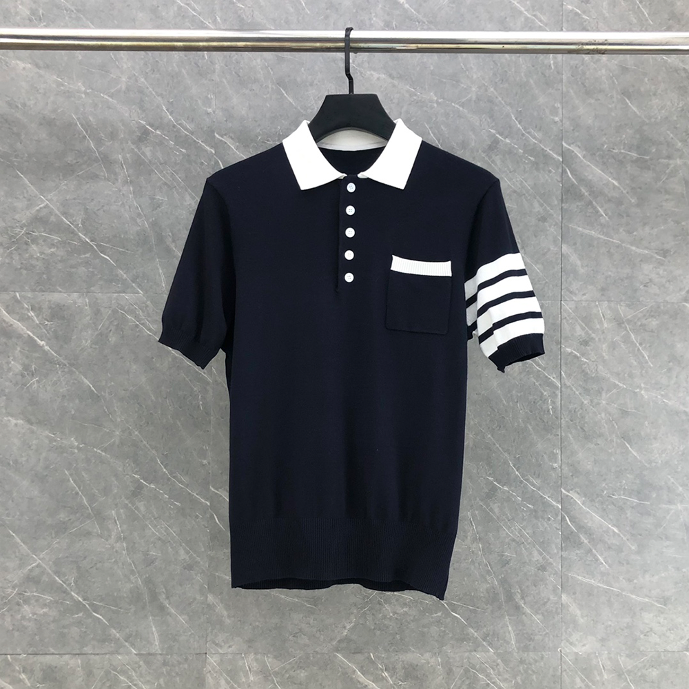 톰브라운 헥터 리버스 인타르시아 폴로 코튼 4바 반팔 네이비