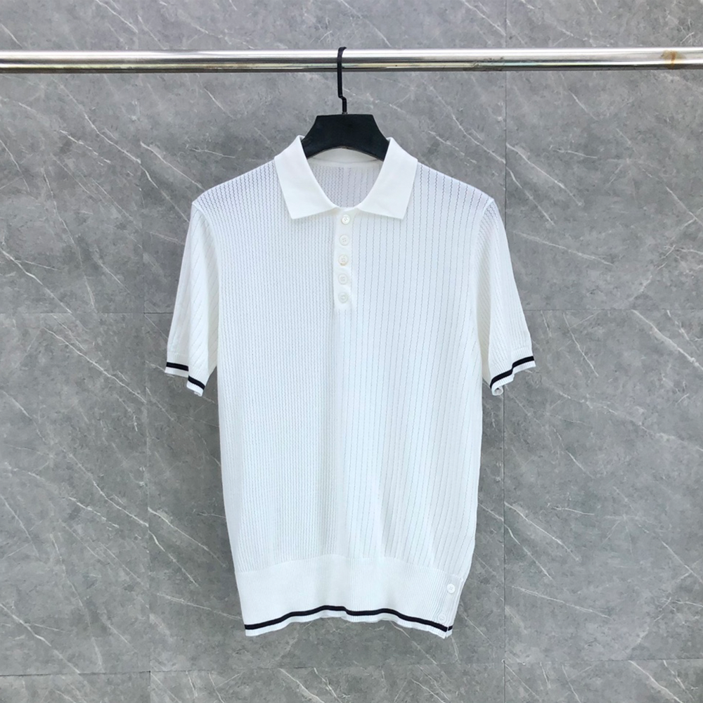 톰브라운 코튼 사선 케이블 니트 숏슬리브 폴로 셔츠 화이트