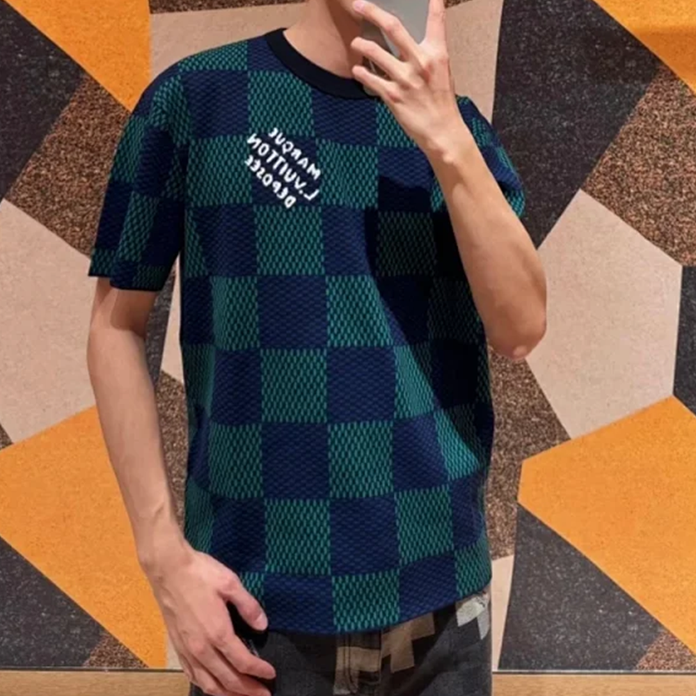 루이비통 그린 블루 다미에 슬리브 크루넥 니트 반팔