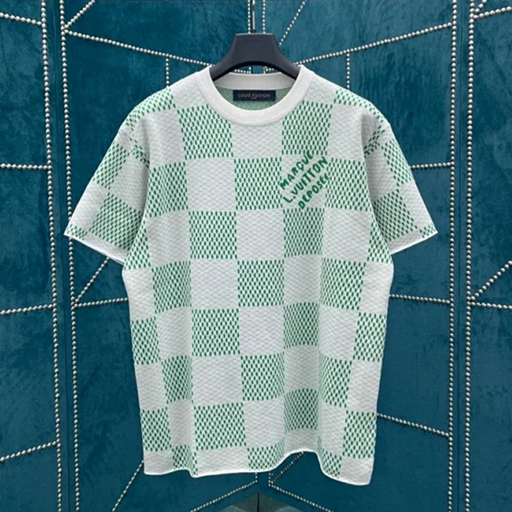 루이비통 화이트 그린 다미에 슬리브 크루넥 니트 반팔