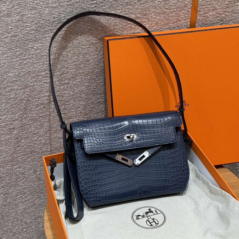 올수공 에르메스 켈리 데페슈 25 Blue indigo 악어 가죽 실버 하드웨어