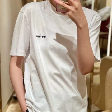 미우미우 베이직 자수 반팔 티셔츠 화이트