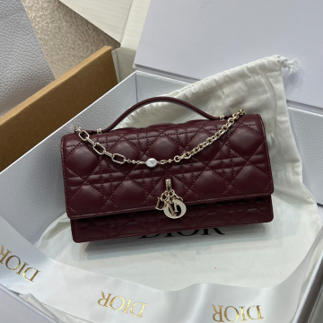 디올 미스 디올 미니 탑 핸들백 버건디 까나쥬 램스킨