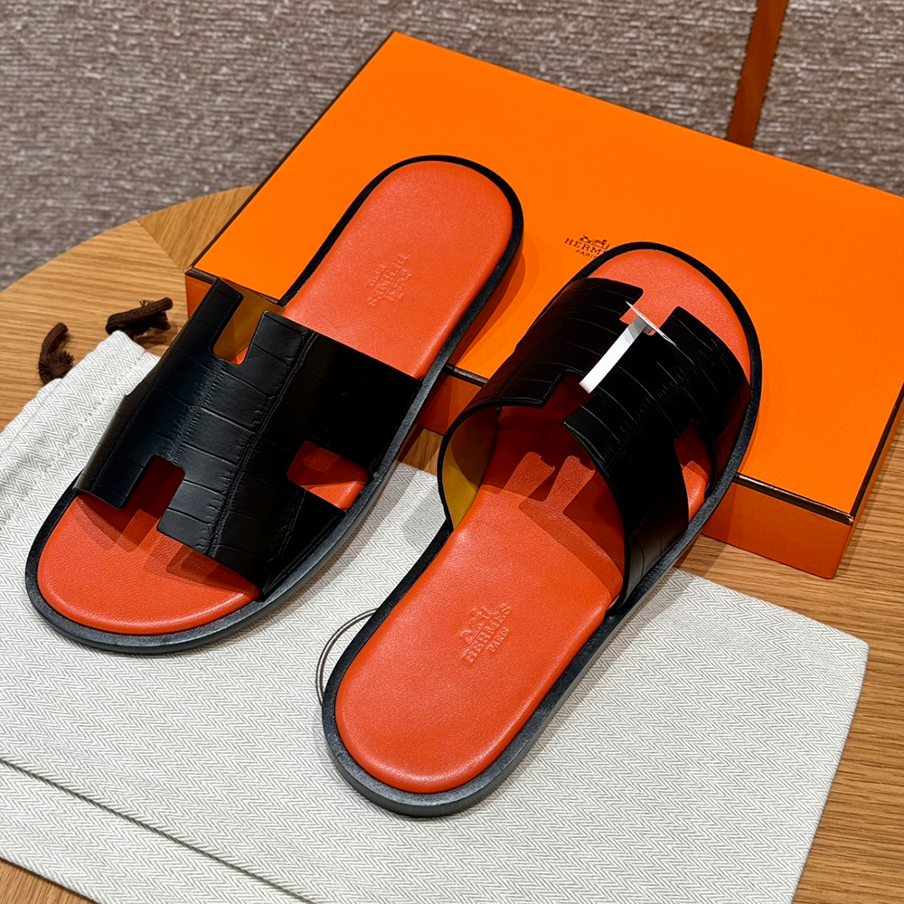 올수공 에르메스 이즈미르 악어 가죽 블랙 & 오렌지