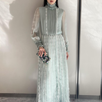 발렌티노 가라바니 러플 레이스 트리밍 플리츠 실크 시폰 드레스