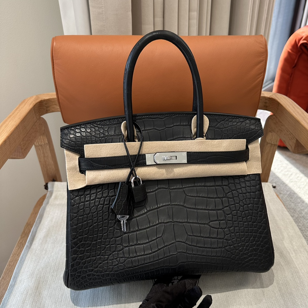 올수공 에르메스 버킨 30 Noir 악어 가죽 실버 하드웨어