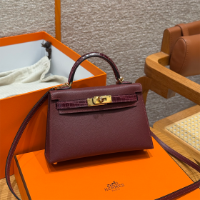 올수공 에르메스 미니 켈리 Rouge H & Bordeaux 마담가죽 & 악어 가죽 골드 하드웨어
