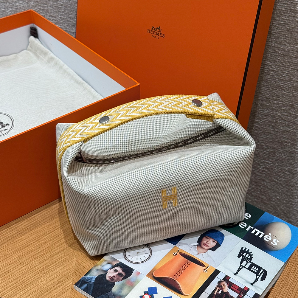 올수공 에르메스 브리드 어 브랙 파우치 GM Lime 코튼 실버 하드웨어