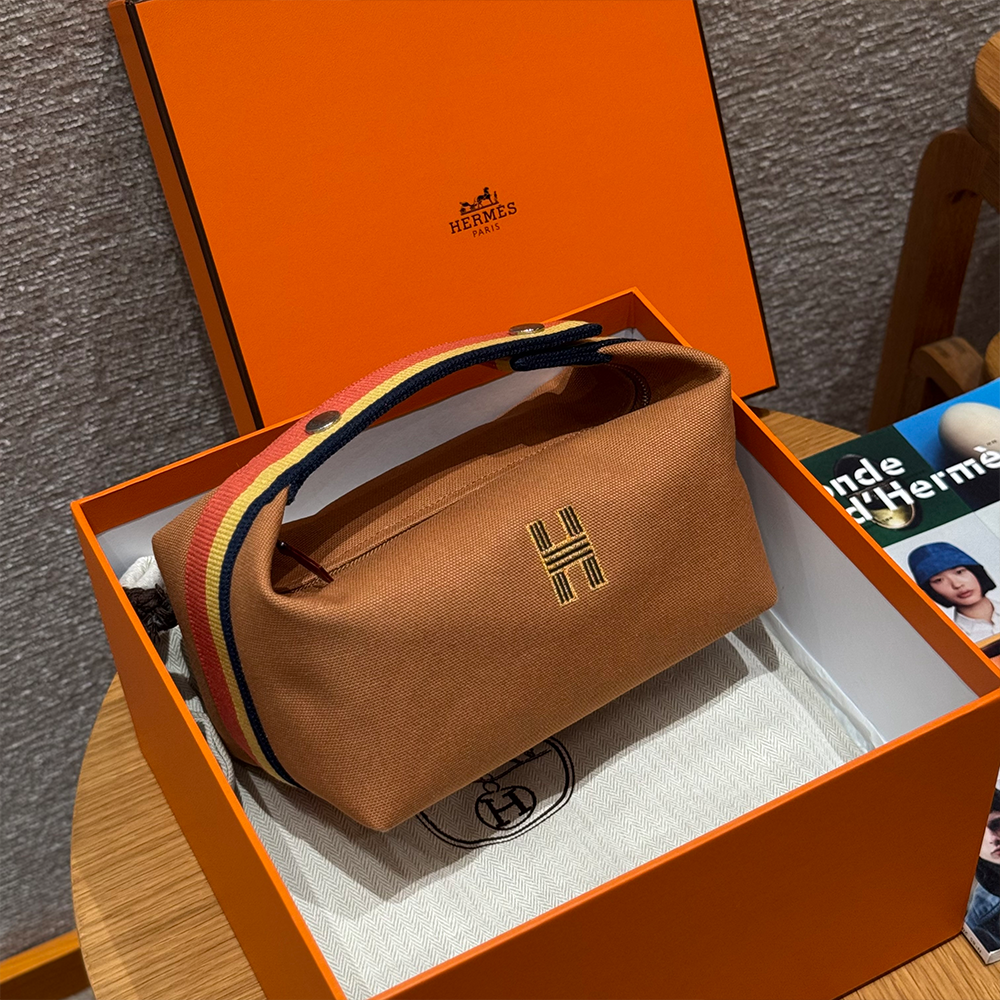 올수공 에르메스 브리드 어 브랙 파우치 PM ocre 코튼 실버 하드웨어