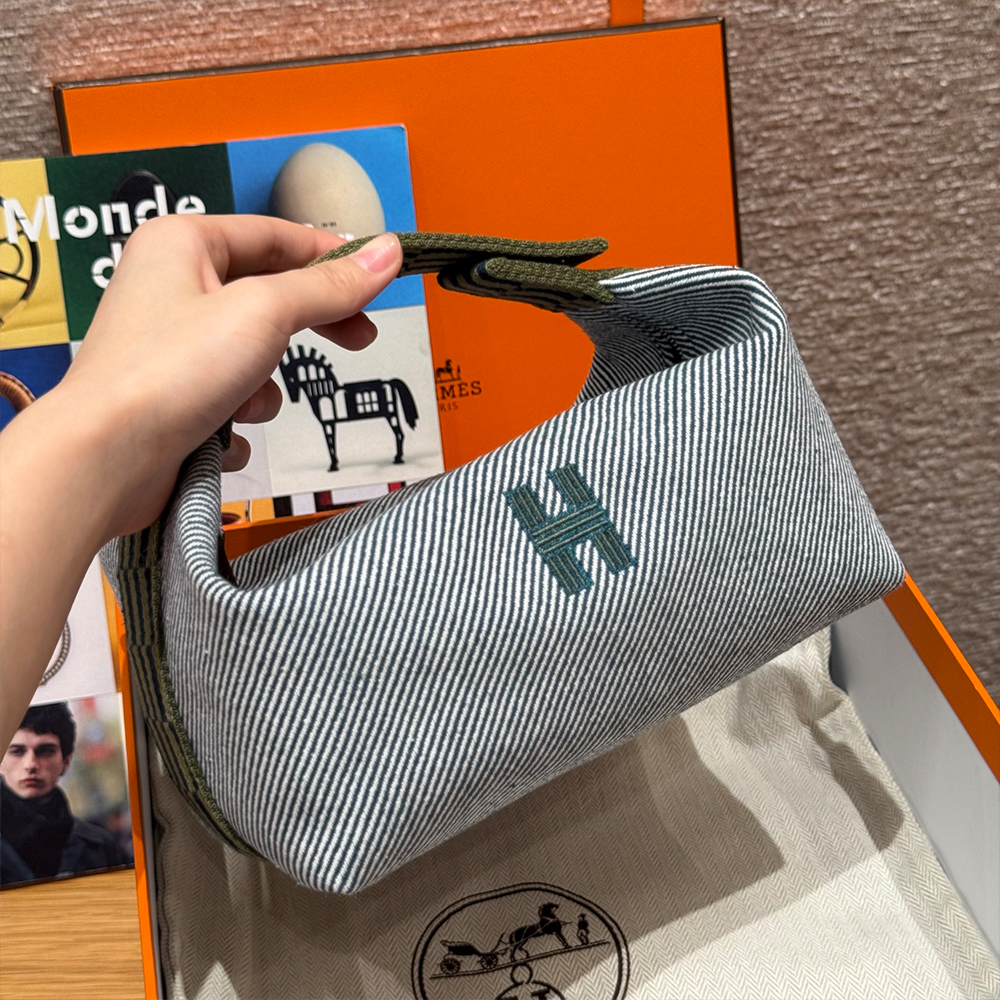 올수공 에르메스 브리드 어 브랙 파우치 PM Bleu Abysse 코튼 실버 하드웨어