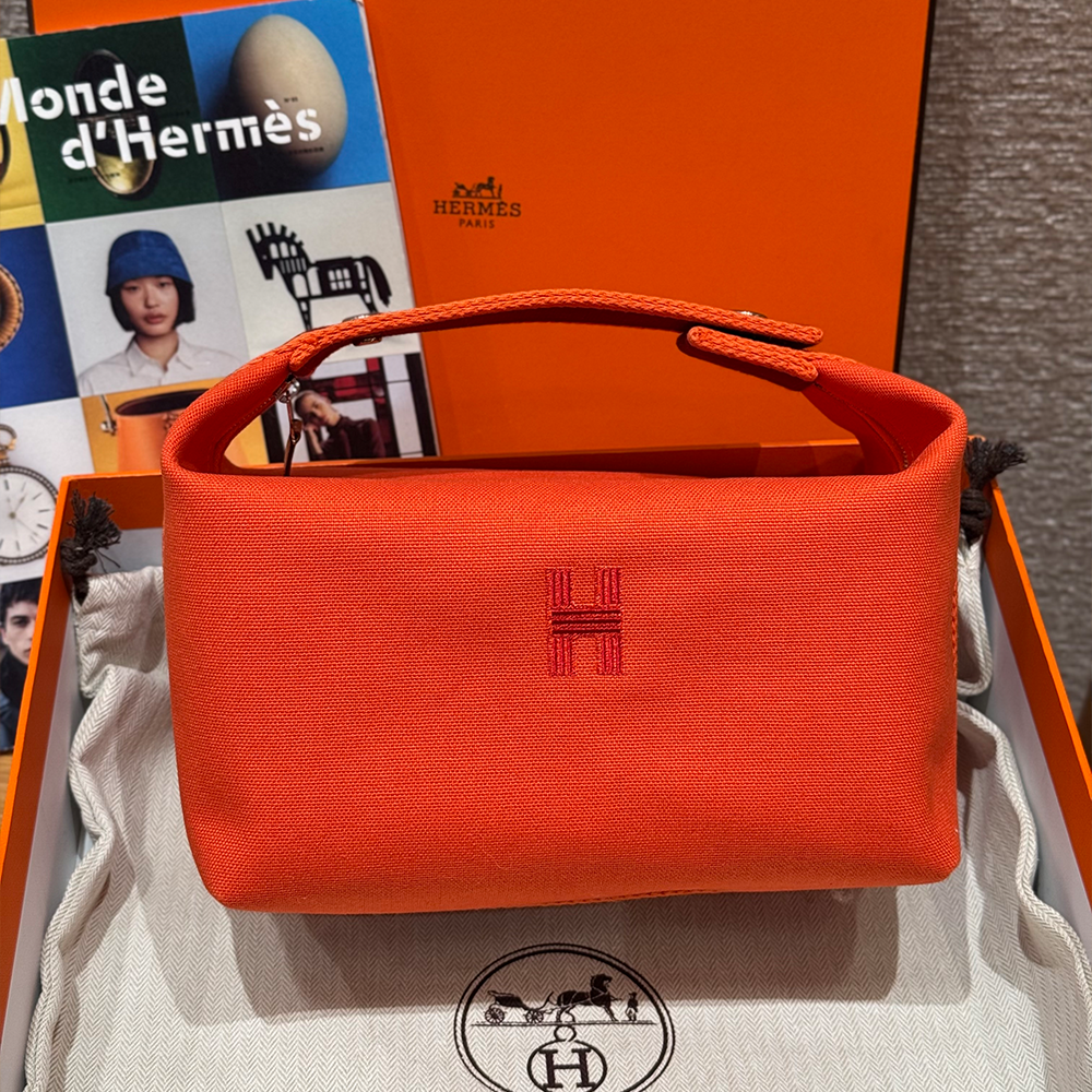 올수공 에르메스 브리드 어 브랙 파우치 GM Feu 코튼 실버 하드웨어