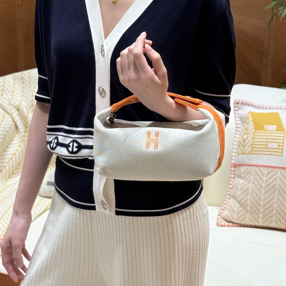 올수공 에르메스 브리드 어 브랙 파우치 PM Orange 코튼 실버 하드웨어