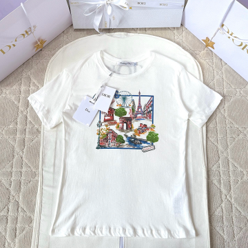 최고퀄 디올 Souvenir 티셔츠 화이트 코튼 린넨 저지 & 멀티 컬러