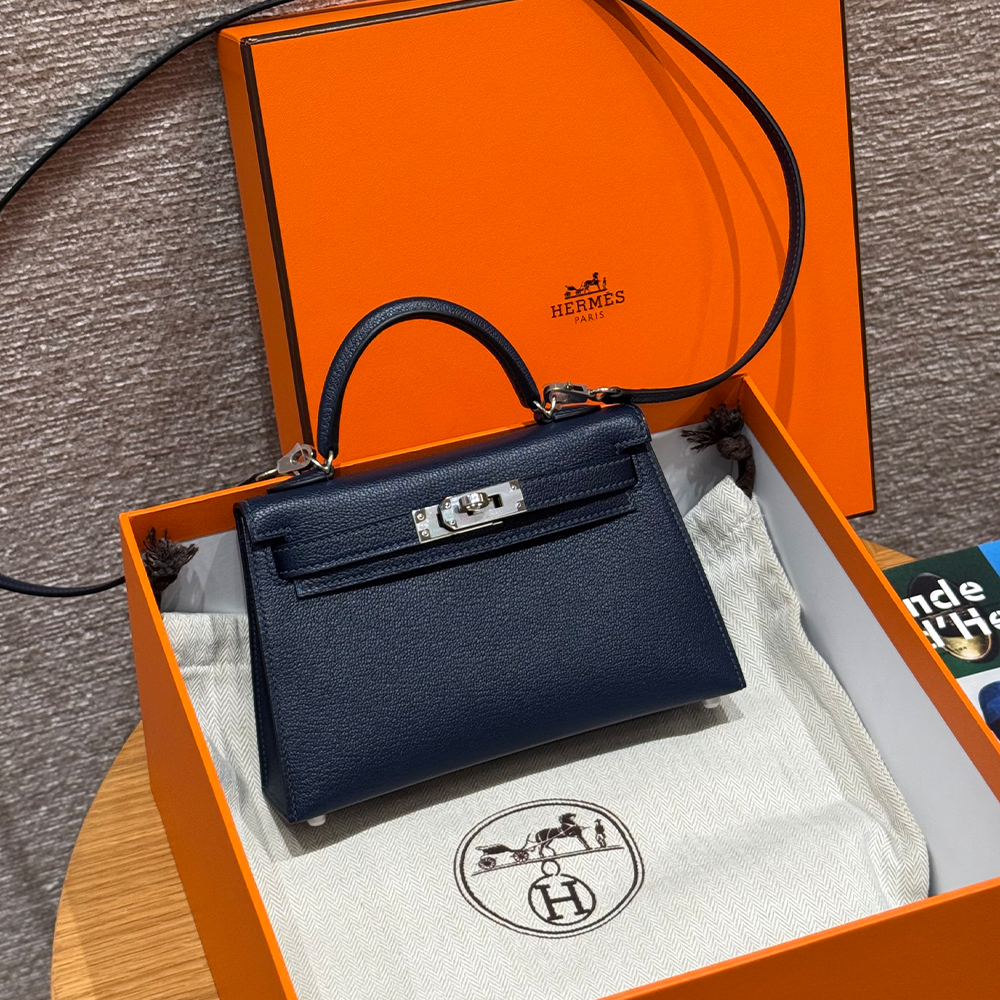 올수공 에르메스 미니 켈리 Blue saphir 쉐브르 가죽 실버 하드웨어