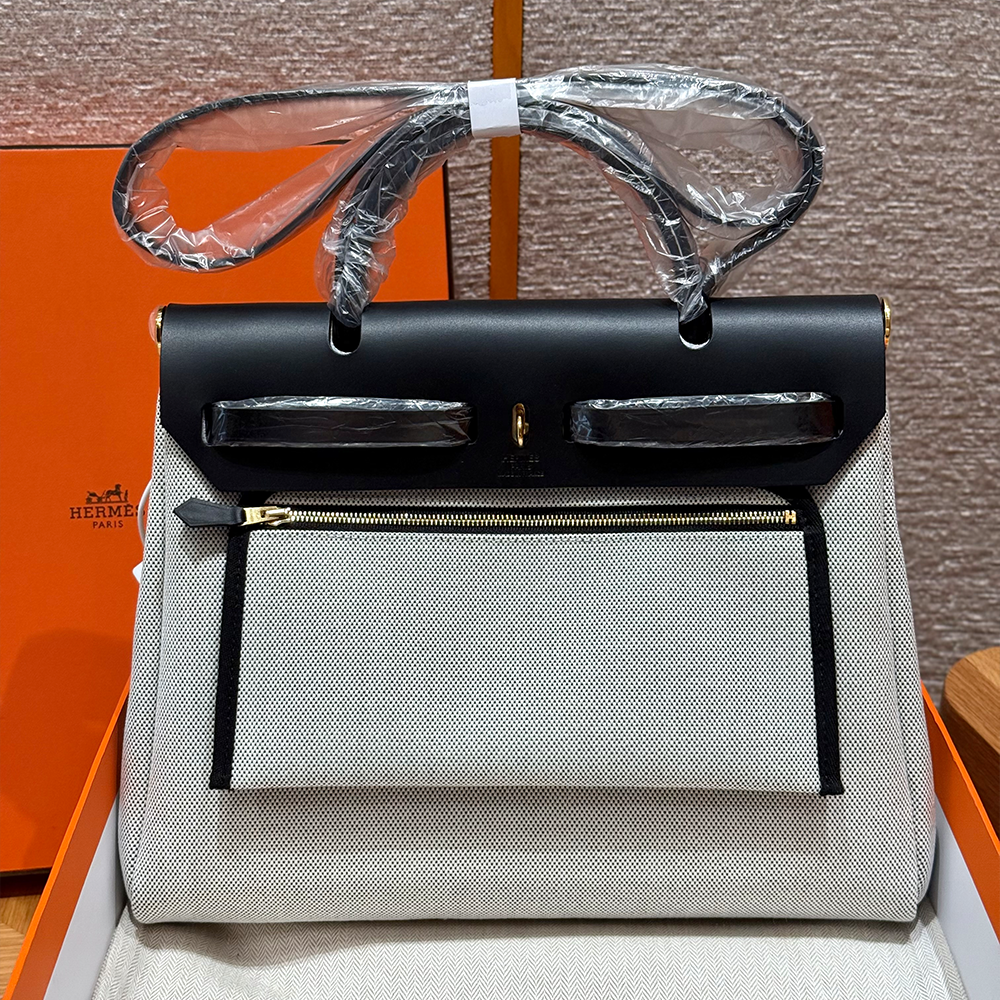 올수공 에르메스 에르백 31 ecru & noir 캔버스 & 소가죽 골드 하드웨어