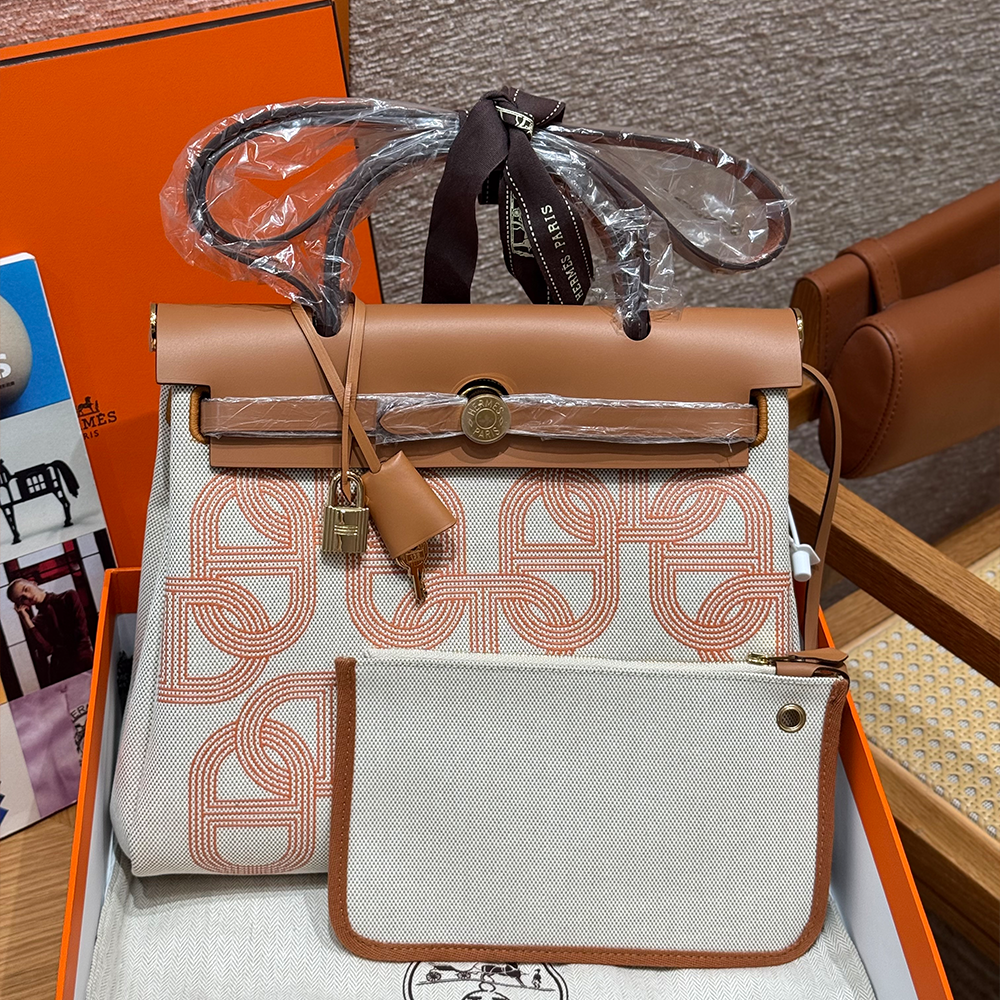 올수공 에르메스 에르백 31 orange mécano & beige 캔버스 & 소가죽 골드 하드웨어