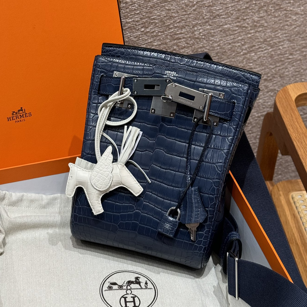 올수공 에르메스 핵아도 Blue indigo 악어 가죽 실버 하드웨어