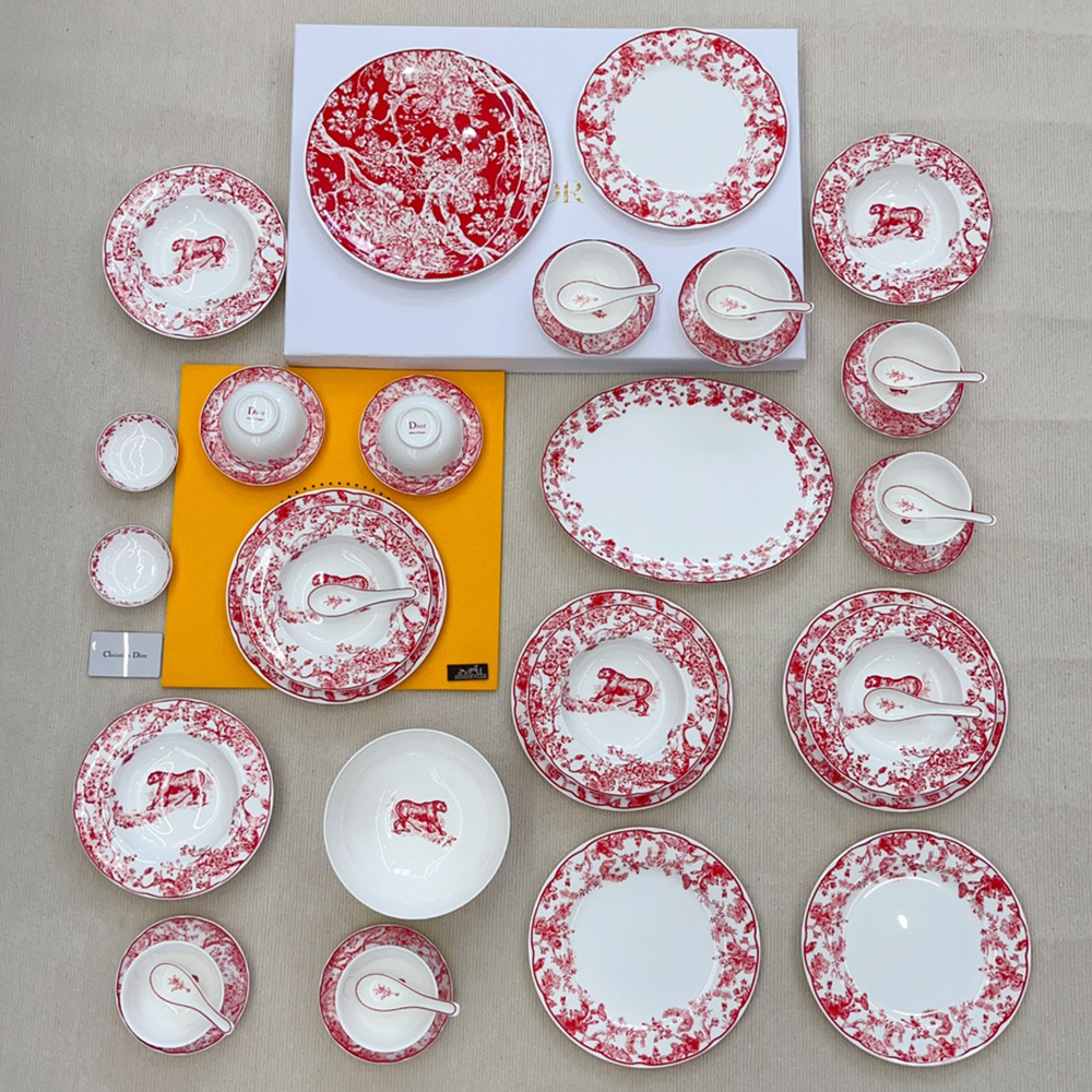 최고퀄 디올 디저트 접시 세트 버건디 Toile de Jouy Tiger