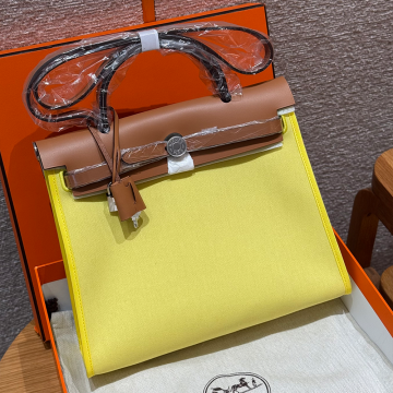 올수공 에르메스 에르백 31 Jaune Citron & Naturel Sable 캔버스 & 소가죽 실버 하드웨어