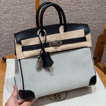 올수공 에르메스 버킨 25 Noir 스위프트 가죽 & 캔버스 실 하드웨어